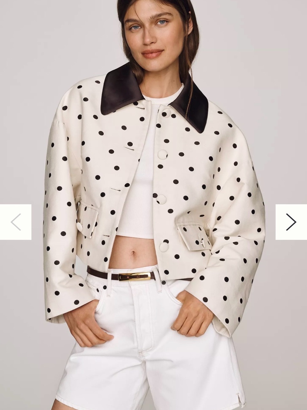 Polka Dot Cropped Bomber Jacket with Contrast Collar - Cream & Black
